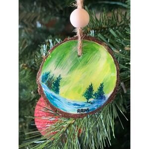 Acrylic Handpainted Ornament Green Northern Lights Trees Wood Slice Art 2.5 inch